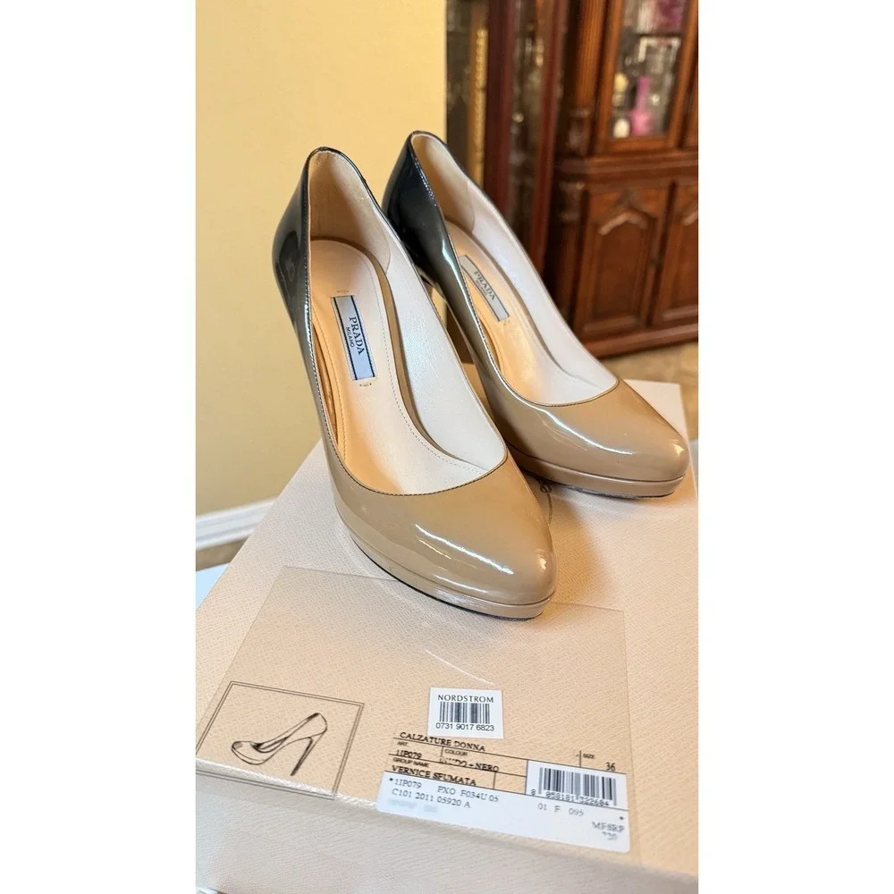 Prada Vernice Sfumata Ombre Patent Leather Pumps Heels Nude Black EU 36 Box